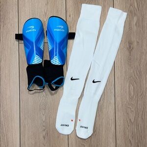 EUC - Nike White Dri-Fit Athletic Socks and Matrix Blue Shin Guards